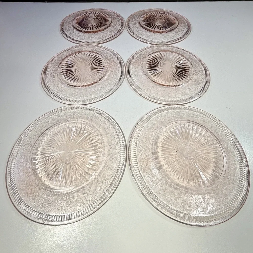 VTG U.S. Glass Strawberry Pink Depression Glass Bread & Butter Plates Set of 6